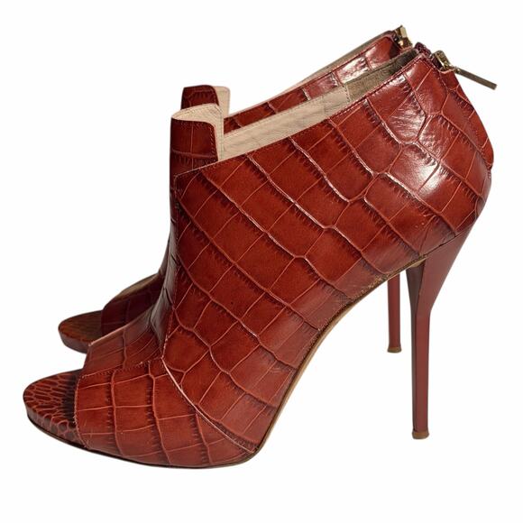 Escada Croc Embossed Leather Ankle Booties Rust Brown Italy Back Zip EU 40 - Picture 9 of 14